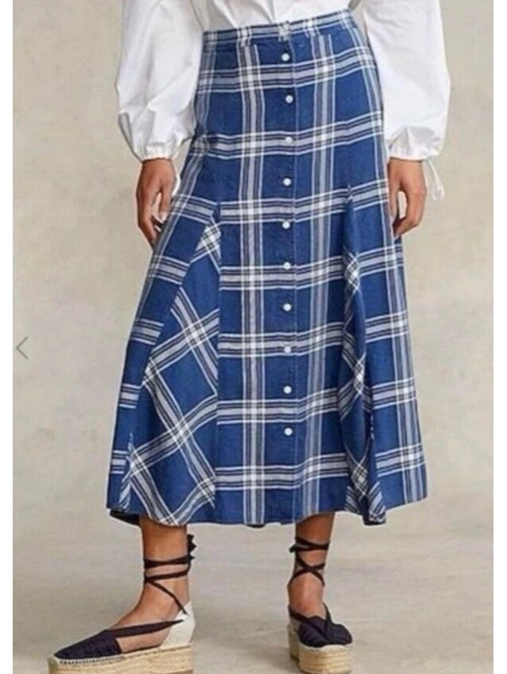 Ralph Lauren Polo Blue Plaid Godet Maxi Skirt Size 4 Small - Picture 3 of 10